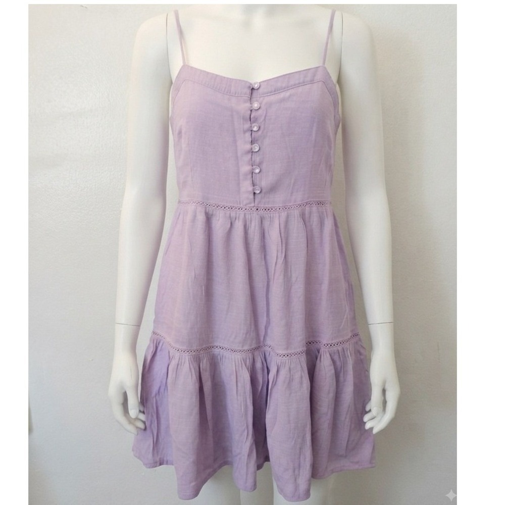 Love Tree Festival Lavender Purple Lace Trim Mini Dress Smocked Back Size M